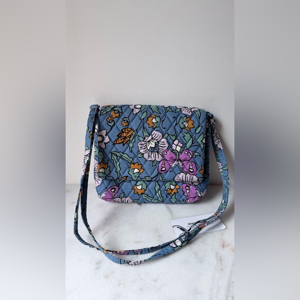 $69 Quilted Floral Crossbody Bag in Blue floral butterfly